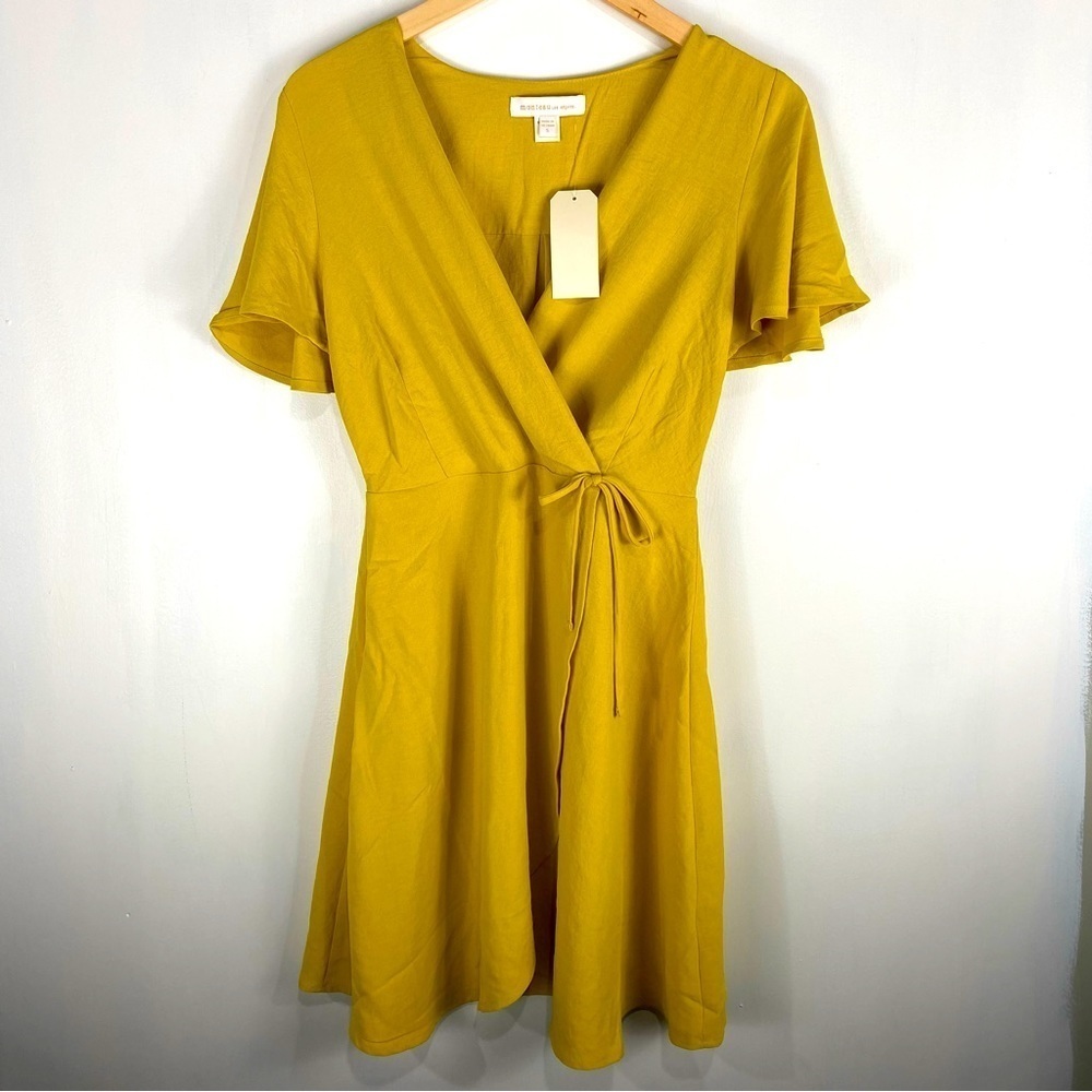 Monteau Faux Wrap Short Flutter Sleeve Summer Mini Dress Mustard Yellow (NWT)